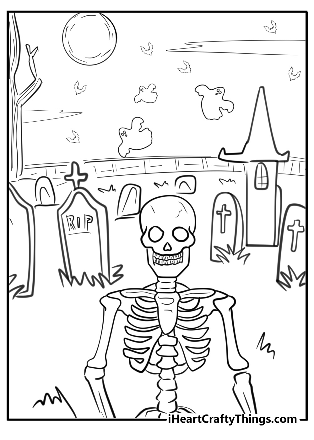 Skeleton in a graveyard detailed coloring page