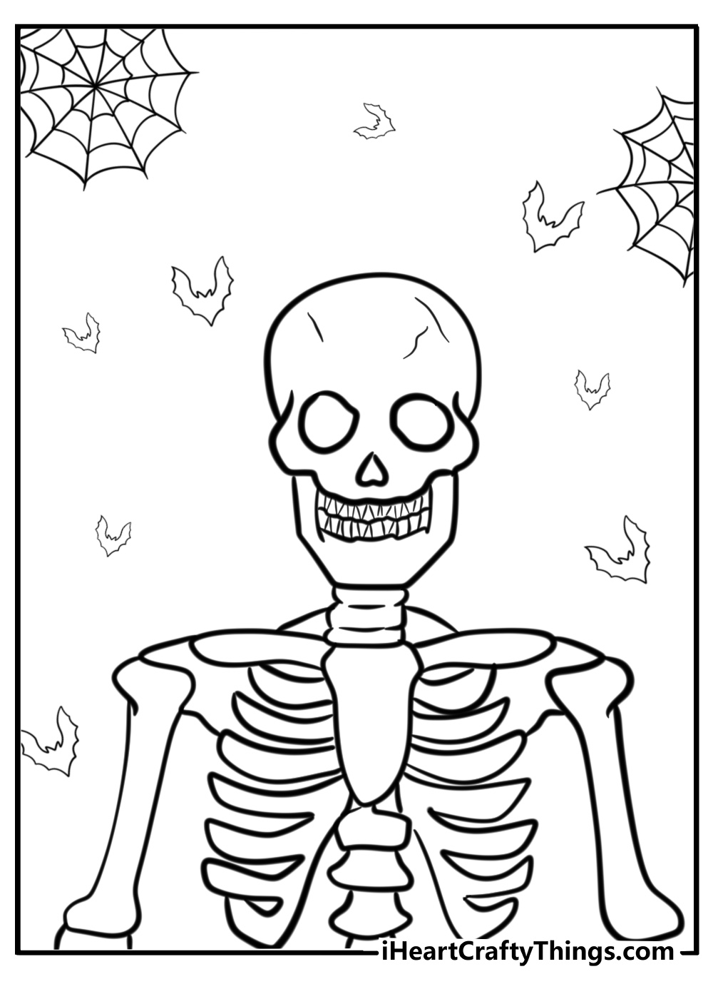 Skeleton with a spooky grin detailed coloring sheet for kids