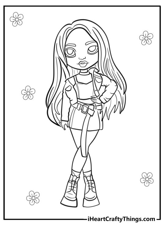 Coloring picture of a Rainbow High character Skyler Bradshaw with flowers in the background