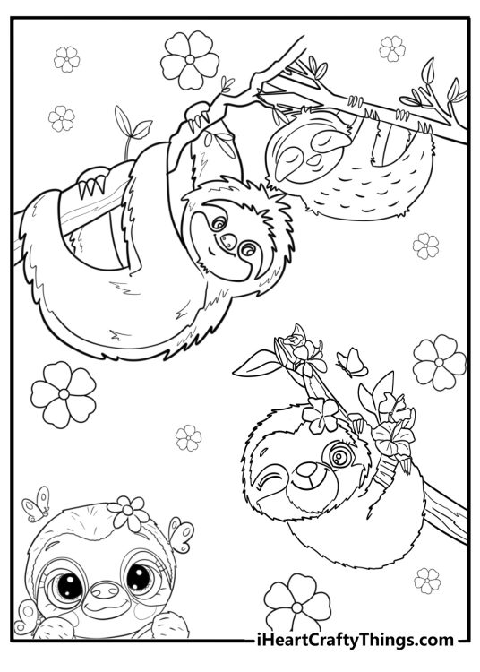 Detailed picture featuring sloth family of four hanging on tree branches with flowers all around them