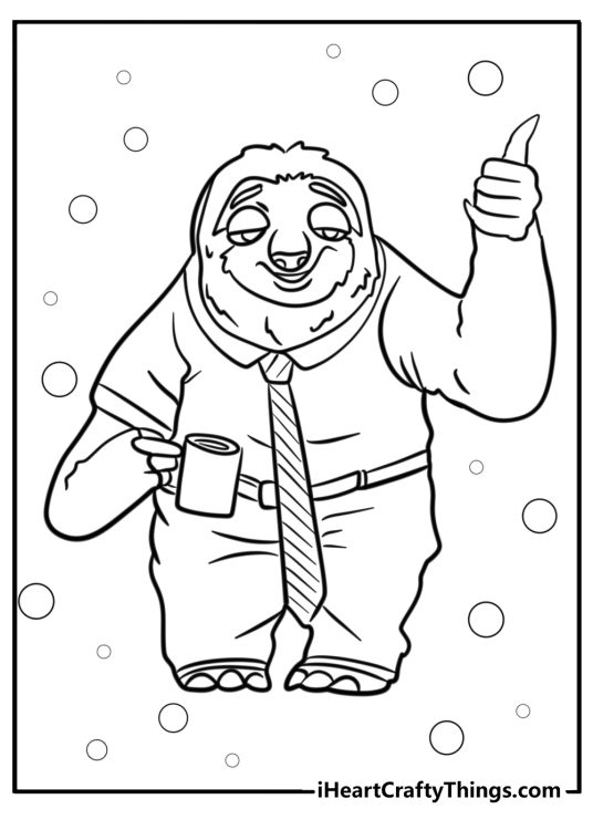 Sloth-themed printable page featuring sloth Flash from Zootopia giving a thumbs up surrounded by bubbles