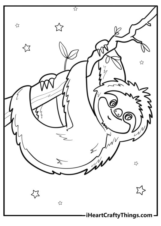Coloring picture for children featuring cute furry sloth hanging from a vine with stars in the background