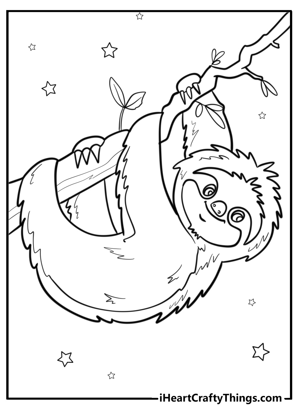 Sloth hanging from a vine coloring page