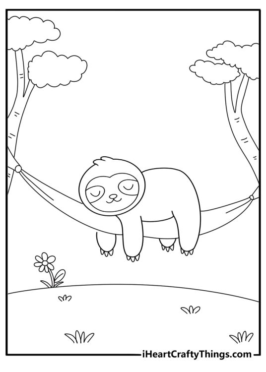 sloth resting on a hammock between two trees coloring sheet