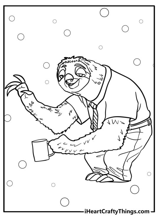 Printable coloring page for children depicting Flash from Zootopia featured with a cup