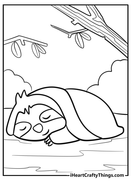 Free coloring picture for children presenting sloth snuggling in a blanket under trees