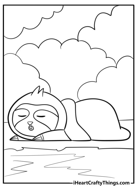 Picture of a cartoony slot having a nap snuggled in a blanket with puffy clouds in the background