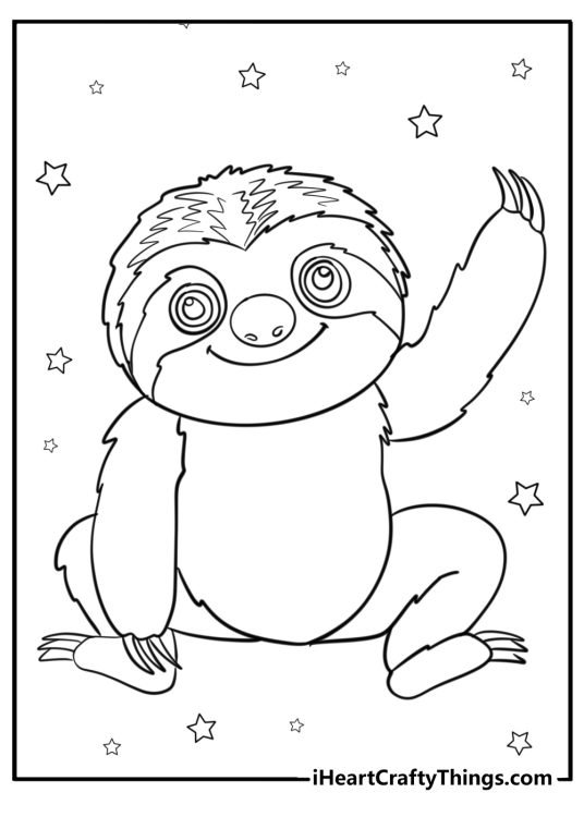 Detailed drawing for pre-schoolers depicting smiling sloth sitting and waving with stars all around him
