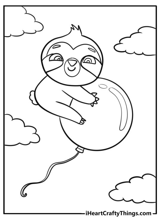 Coloring picture of a smiling cartoony sloth flying high in the sky perched on a balloon