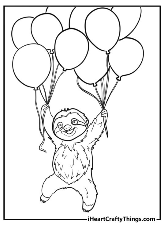 Printable coloring poster for children depicting smiling sloth holding many balloons