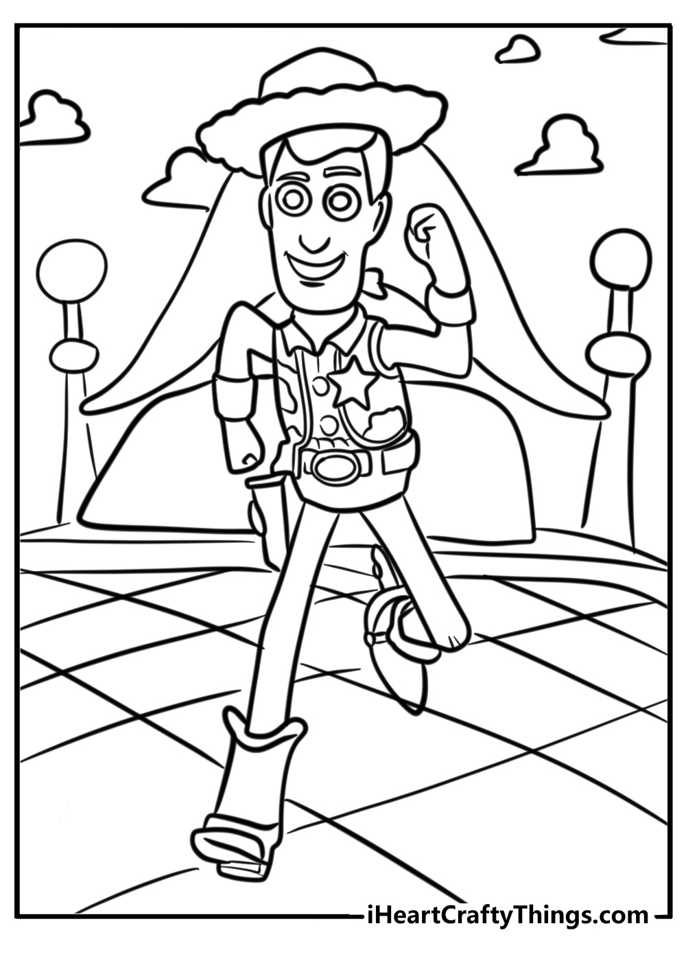 Smiling woody coloring page running on andy's bed