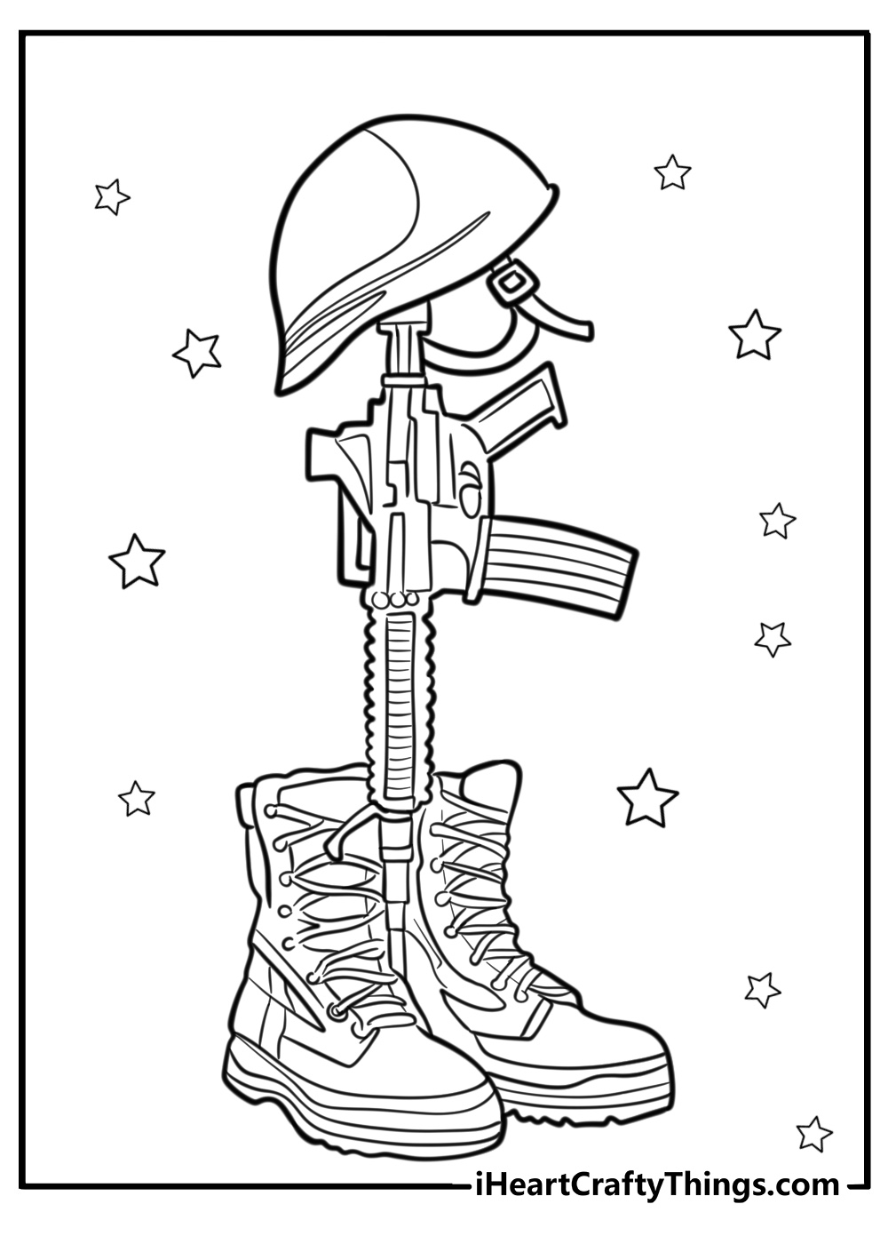 Soldier's helmet and boots with american flag at sunset coloring page