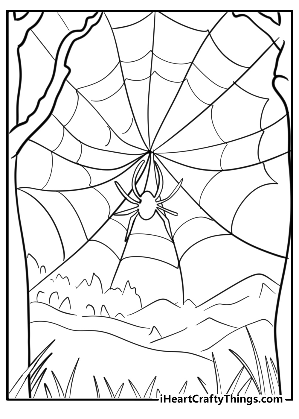 Spider weaving a web in a dark forest detailed coloring sheet