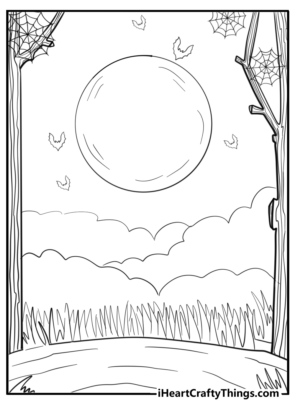 Spooky forest with a full moon detailed coloring sheet