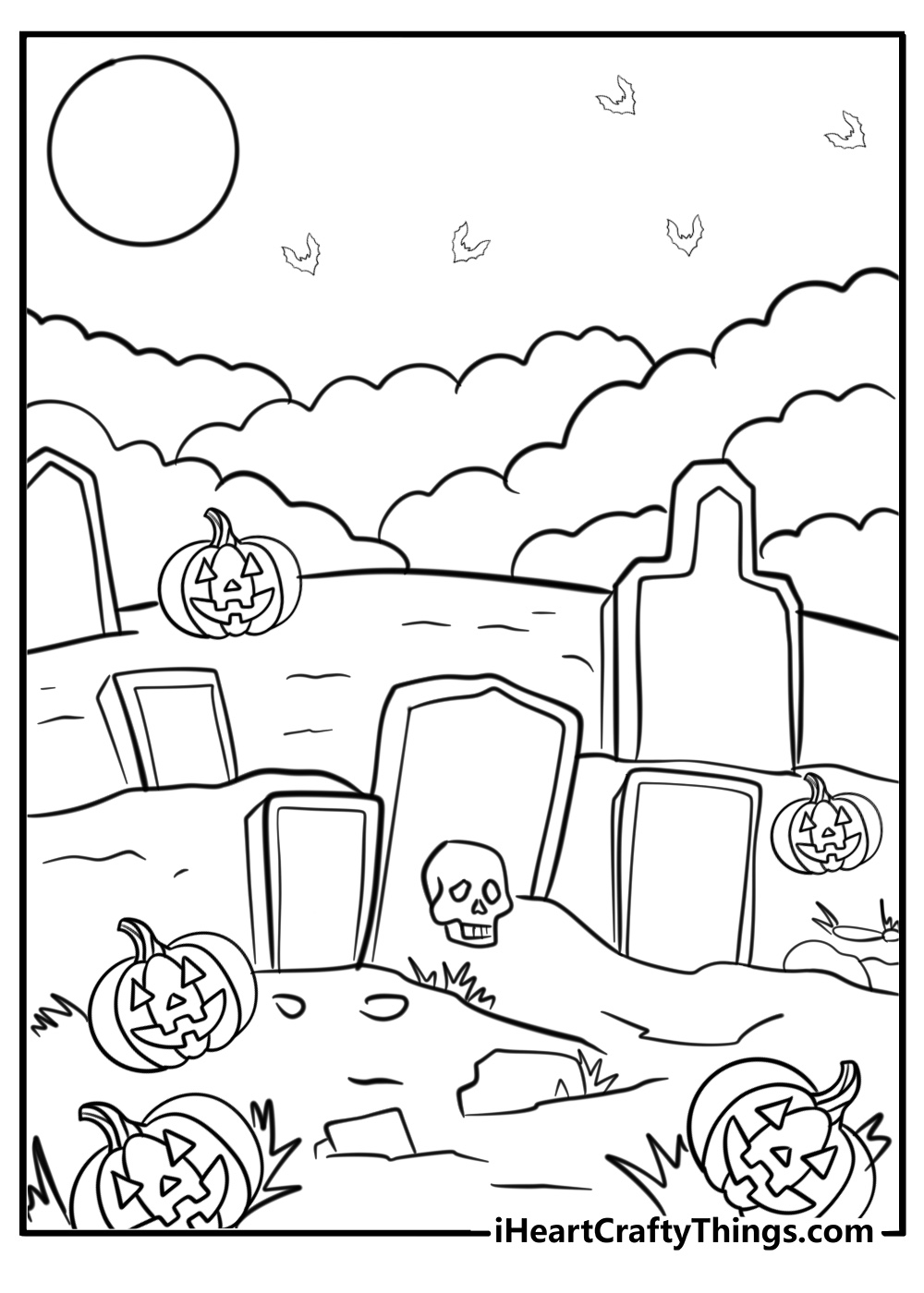 Spooky graveyard with tombstones coloring page