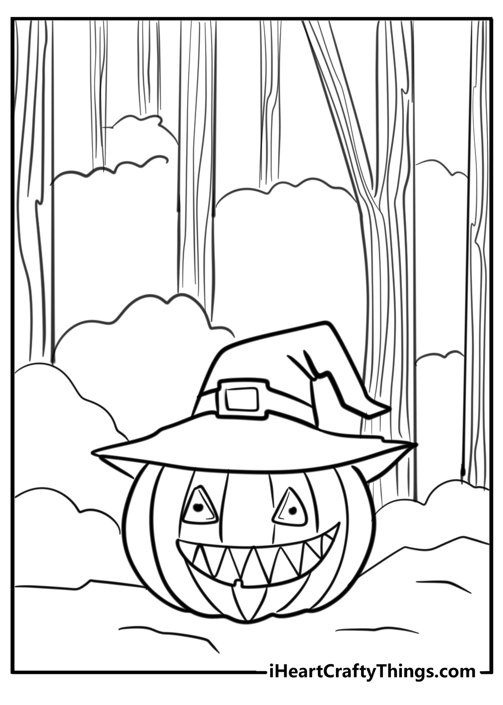 Spooky Jack-o'-lantern in a dark forest free coloring page