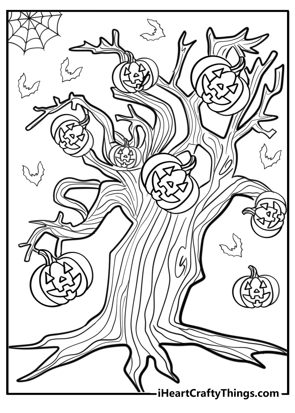 Spooky tree with hanging lanterns detailed coloring sheet