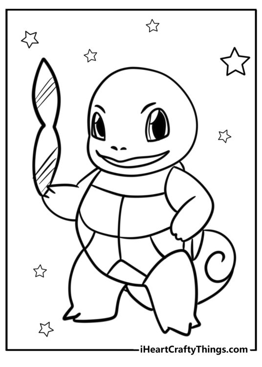Black-and-white coloring sheet of a Squirtle removing his sunglasses surrounded by stars