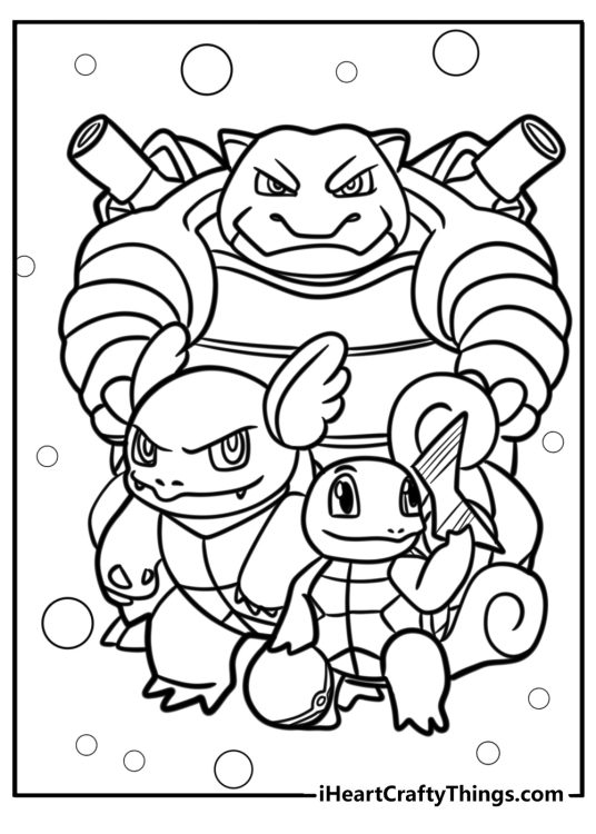 Coloring page of a trio - Wartortle and Squirtle standing side by side and a mighty Blastoise behind them