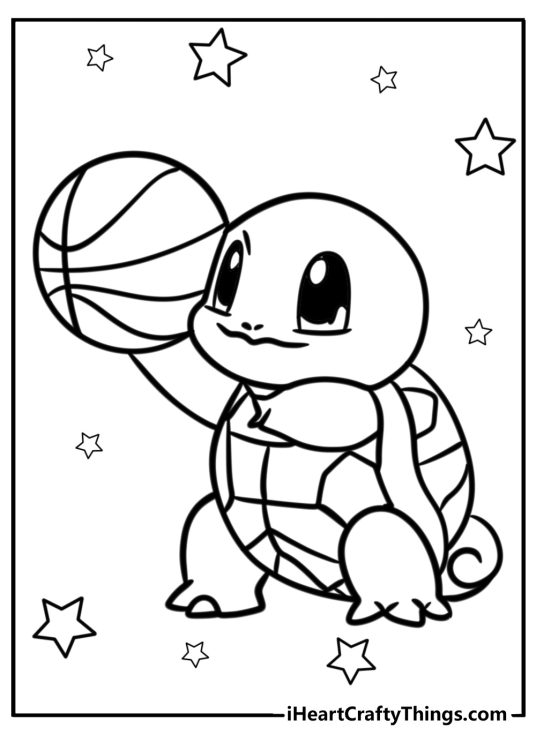 Detailed coloring page of a Squirtle surrounded by stars holding a ball in his right hand