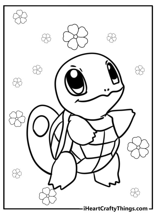 Printable pdf for children featuring cute Squirtle who enjoys being surrounded by flowers
