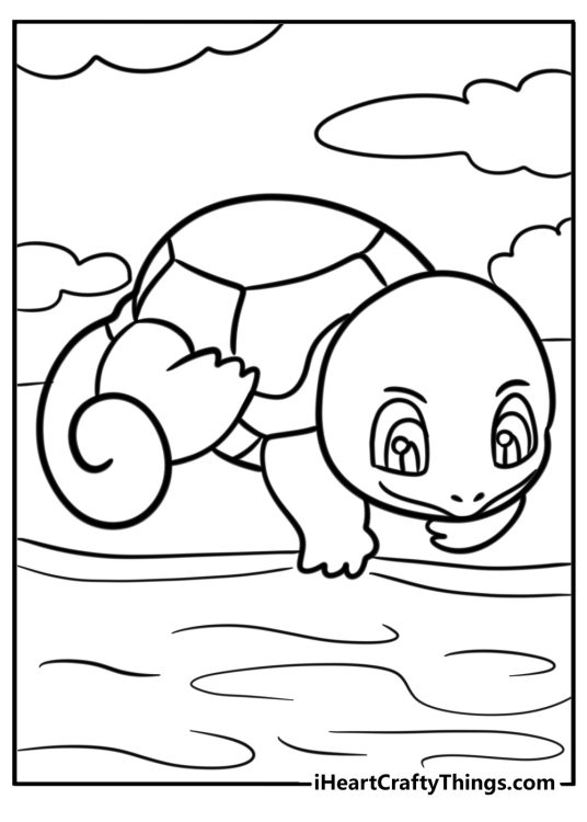 Detailed coloring picture of a Squirtle chilling next to the water with clouds above his head