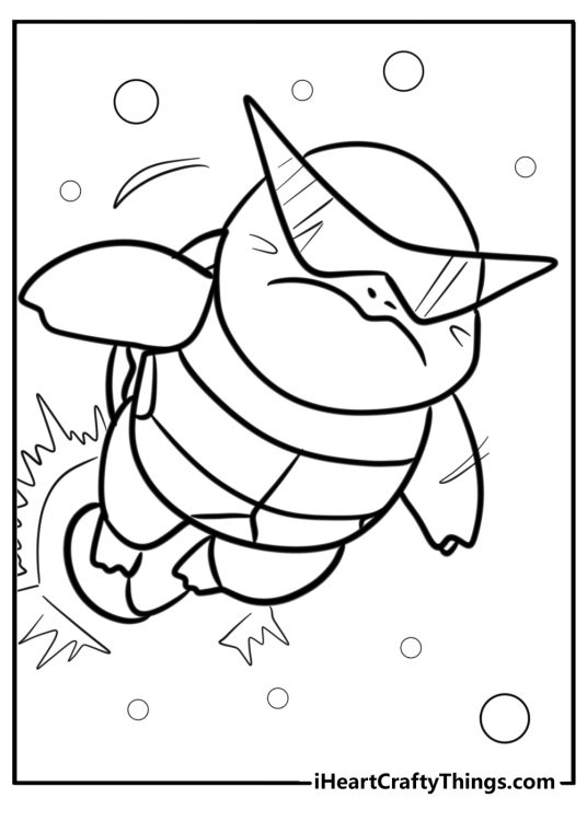 Pokemon-themed coloring page featuring Squirtle on the attack wearing sunglasses