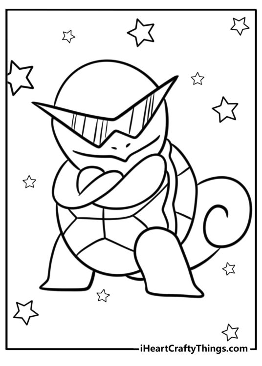 Printable sheet featuring Squirtle posing while wearing famous squad shades surrounded by stars