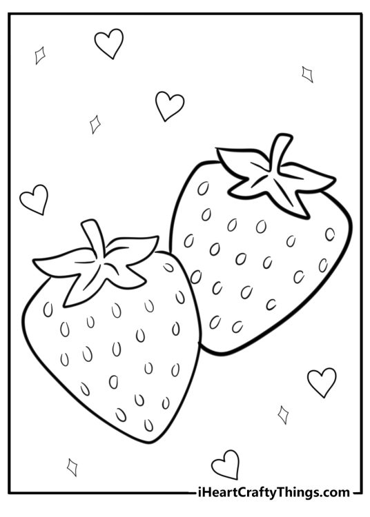 Strawberry-themed drawing for children featuring two strawberries with hearts and sparkles all around