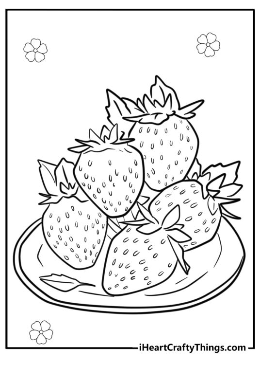 Free printable coloring image for kids presenting plate of realistic strawberries