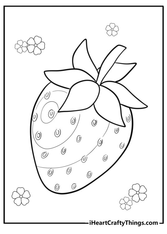 Coloring drawing for children featuring big strawberry with small rounded details and flowers in the background