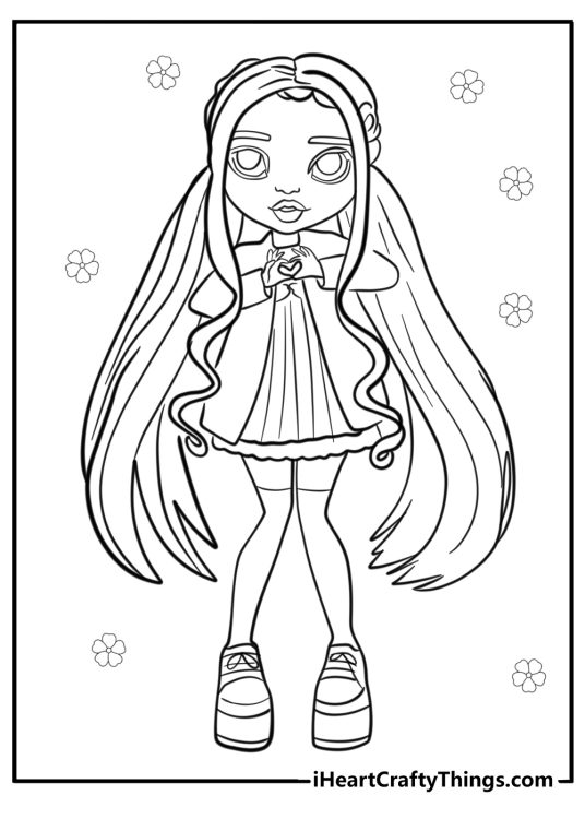 Coloring printable for kids featuring bubbly Rainbow High character Sunny Madison showing heart with hands