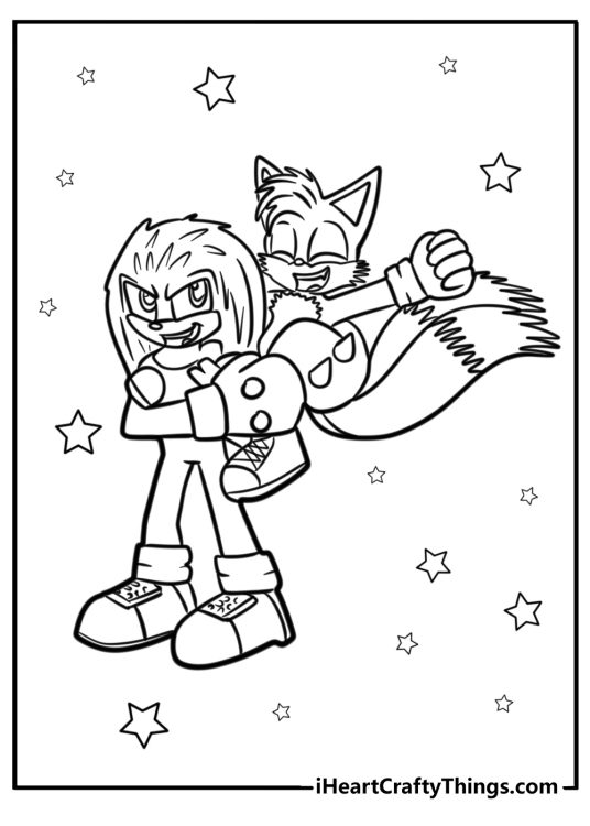 Free printable picture featuring Tails sitting on Knuckles back with stars all around them