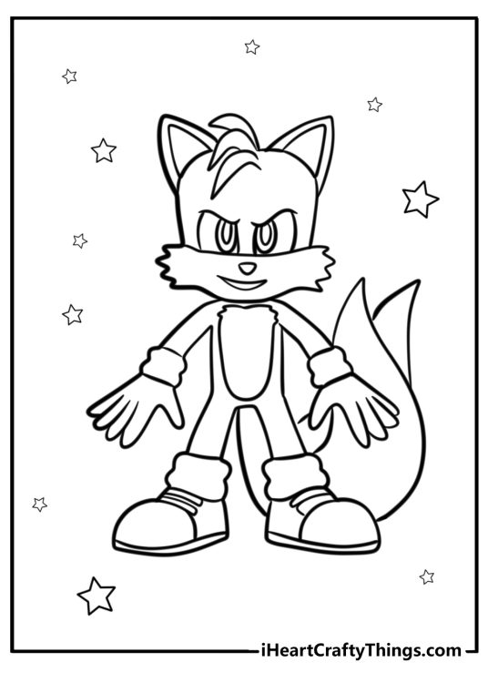 Detailed coloring picture for kids featuring confident Tails posing surrounded by stars