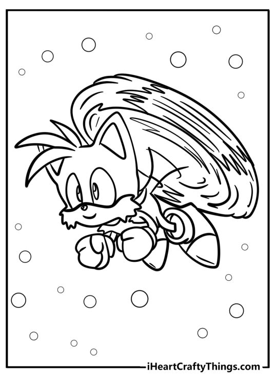 Coloring image for kids depicting Tails using his tail as propeller to fly like a helicopter