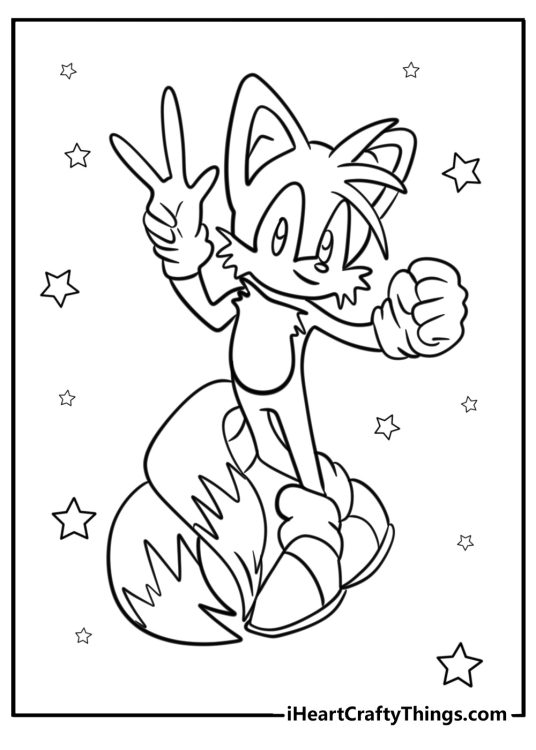 Picture for kids featuring cheerful Tails showing a peace sign with stars all around him