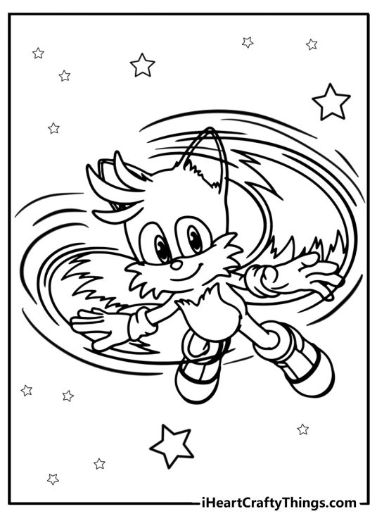 Black-and-white image depicting Tails flying high among stars using his tail as propeller