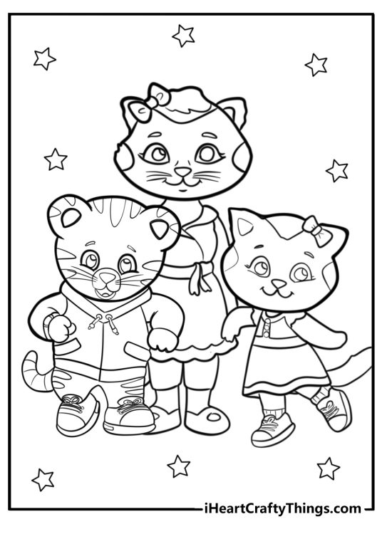 Daniel Tiger printable image depicting Mom Tiger with Daniel on her right side and Katerina on her left side