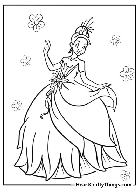 Princess and the Frog coloring book page featuring Tiana dancing proudly in her beautiful outfit