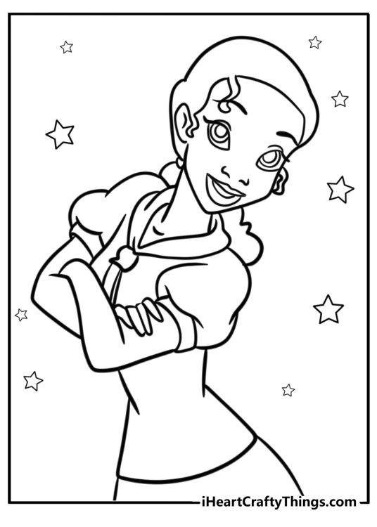 Princess and the Frog coloring page printable featuring Tiana in a more casual outfit surrounded by stars