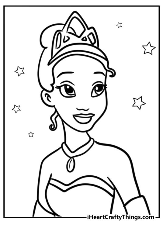 Princess and the Frog printable of a beautiful Tiana wearing tiara and a necklace looking up right