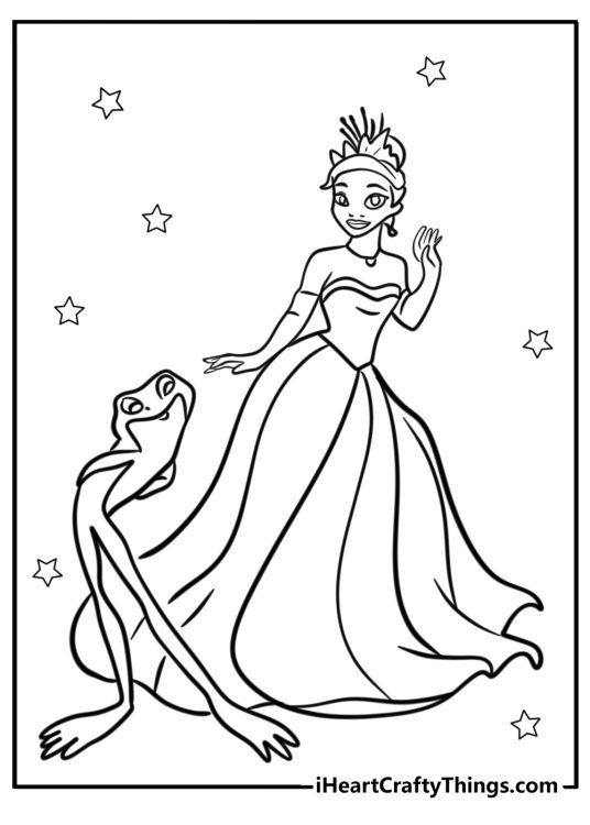 Princess and the Frog poster of a Tiana and a frog on her right side looking a lot bigger than he actually is