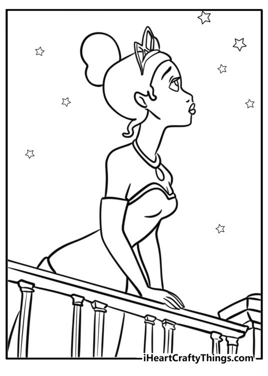Princess and the Frog printable picture featuring Tiana on a balcony gazing wistfully at the stars