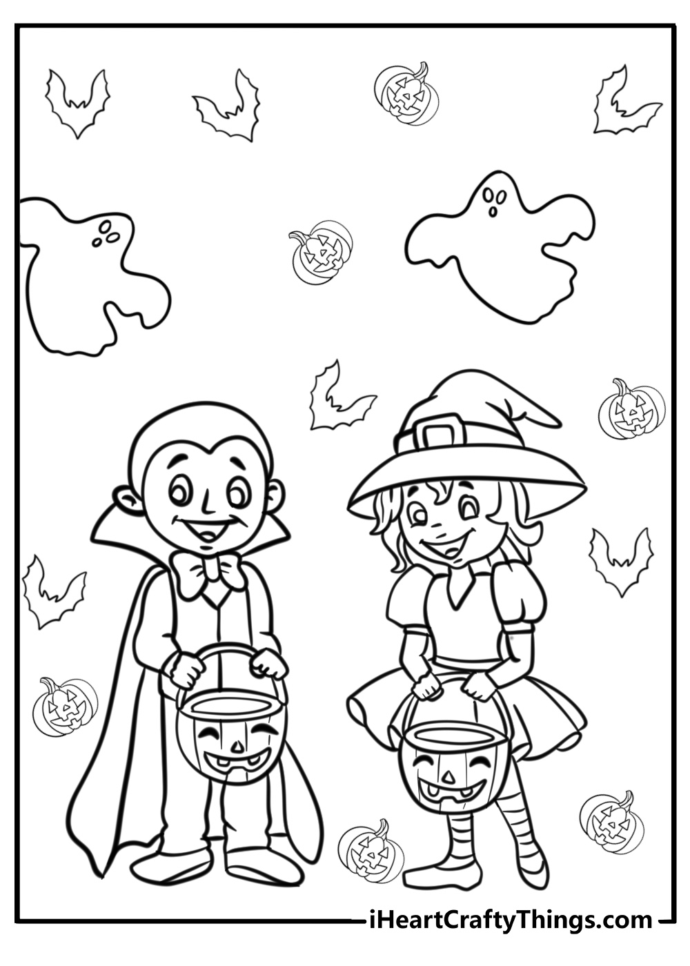 Trick or treating kids in costumes detailed coloring sheet