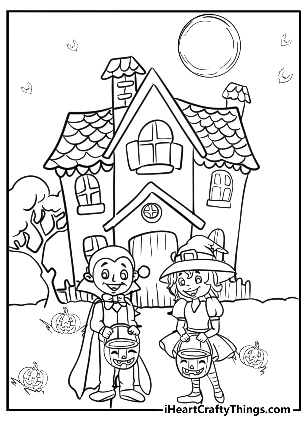 Trick or treating kids in front of a haunted house free pdf page