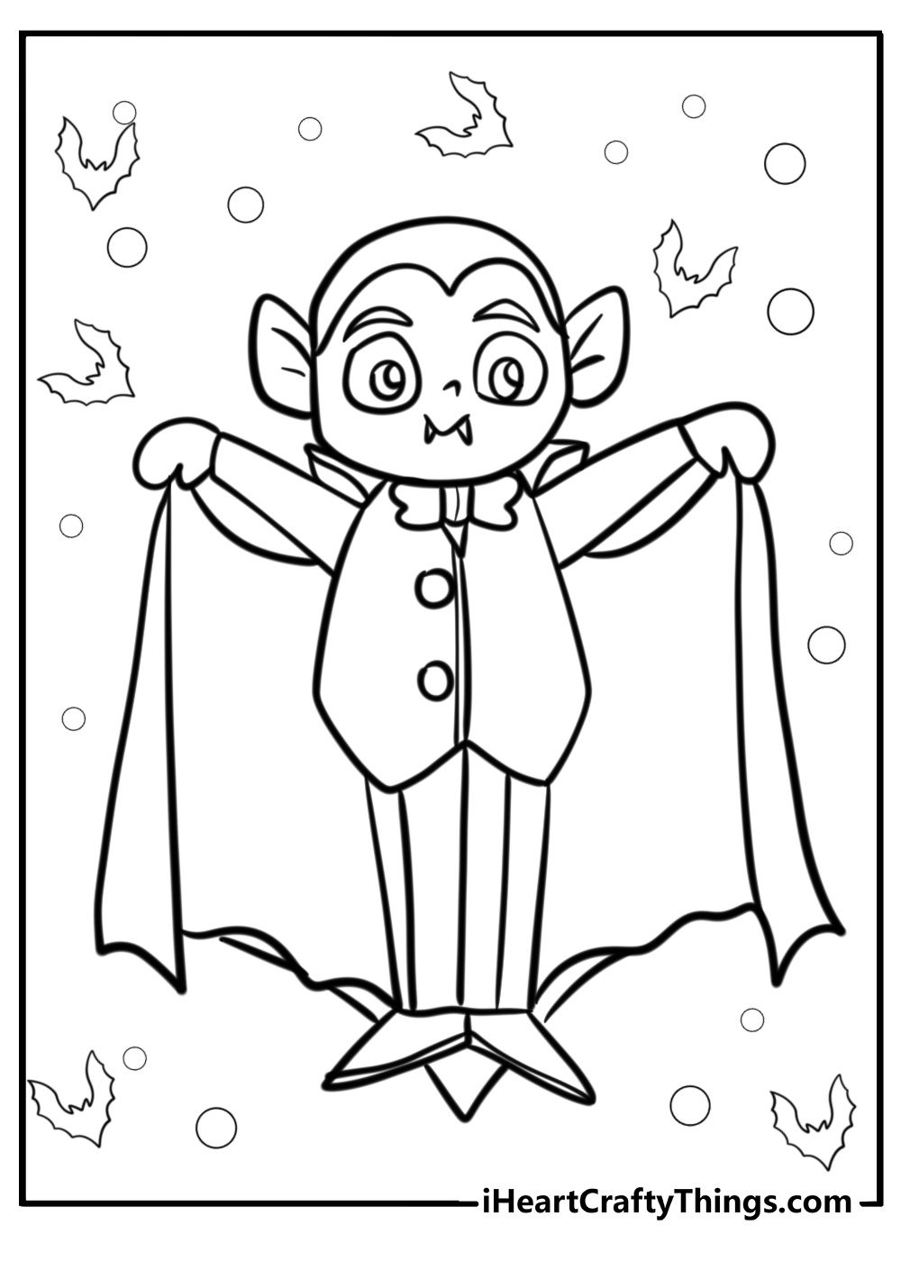 Vampire with cape and fangs easy printable Halloween coloring pages