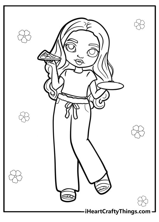 Coloring image depicting Violet from Rainbow High posing with a slice of pizza in the hand