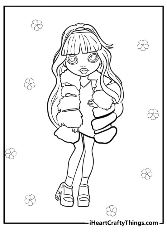 Picture to color presenting trendy Rainbow High character Violet wearing fur coat