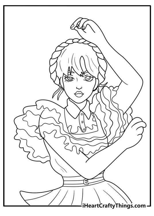 wednesday addams dancing at school prom coloring sheet