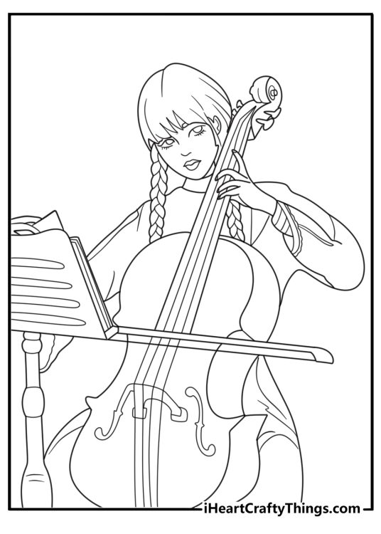 wednesday addams playing cello coloring page